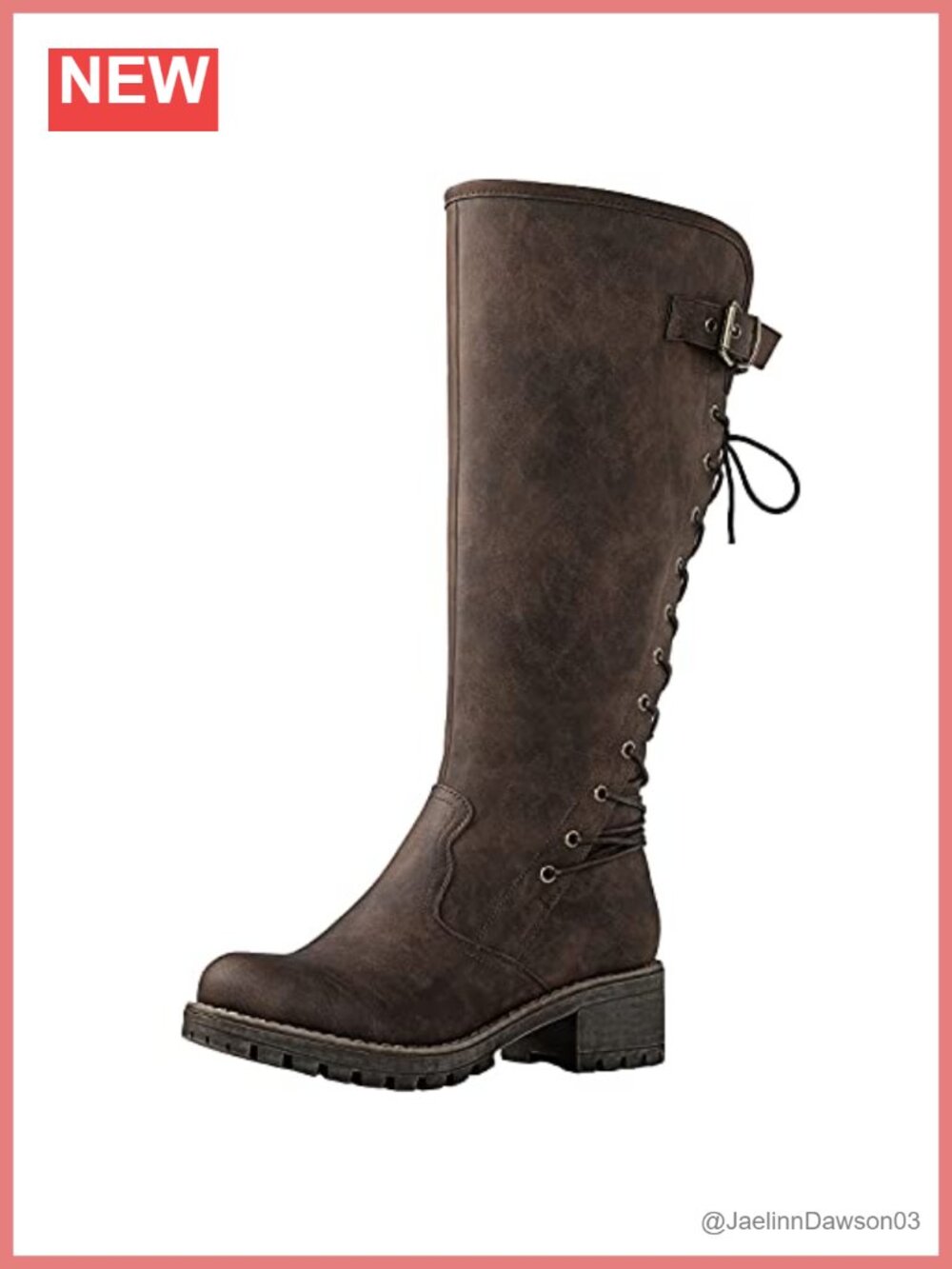 Faux Leather Knee High Boots Low Block Heel Lace Up Back Side Zip Womens